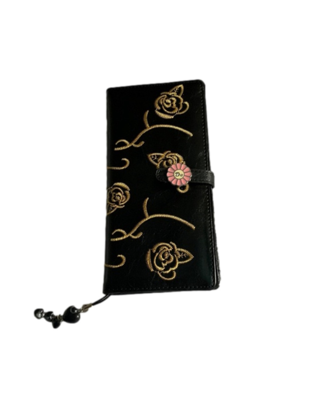 Black wallet with gold embroidered flowers pink flower closure